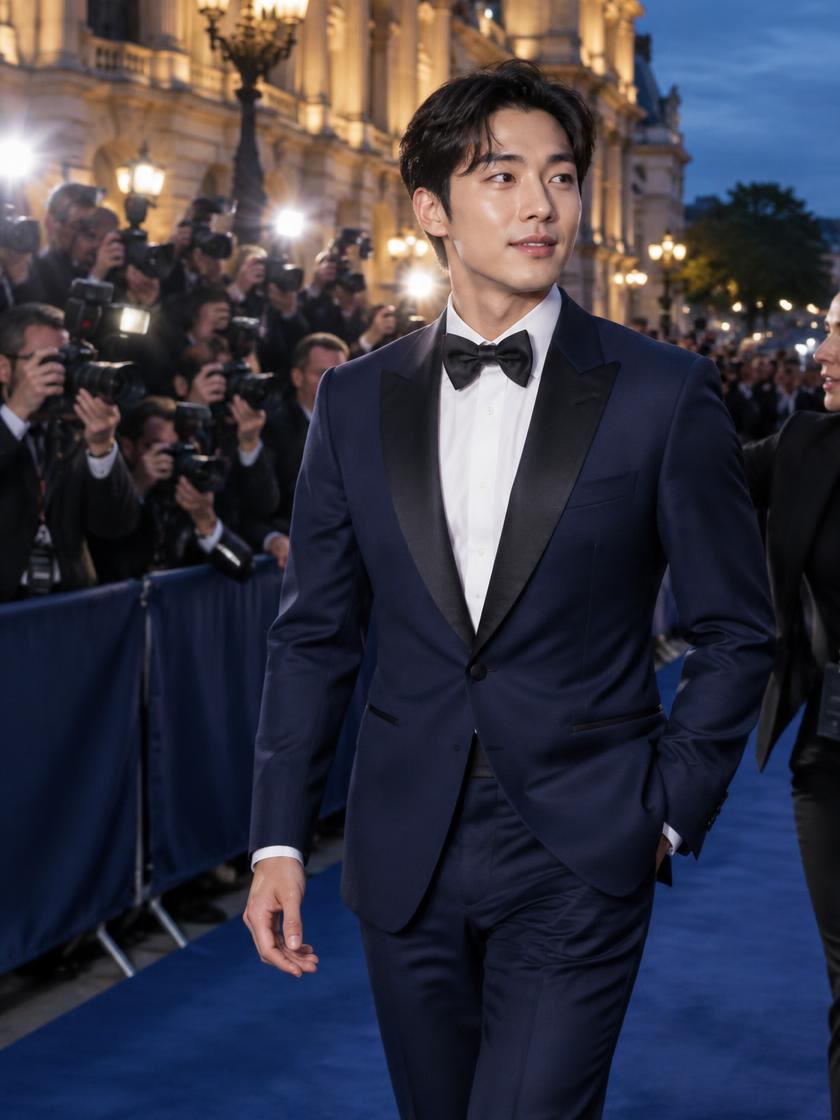An evening event arrival in Paris: a man in a navy tuxedo is guided past a row of photographers by an event team member