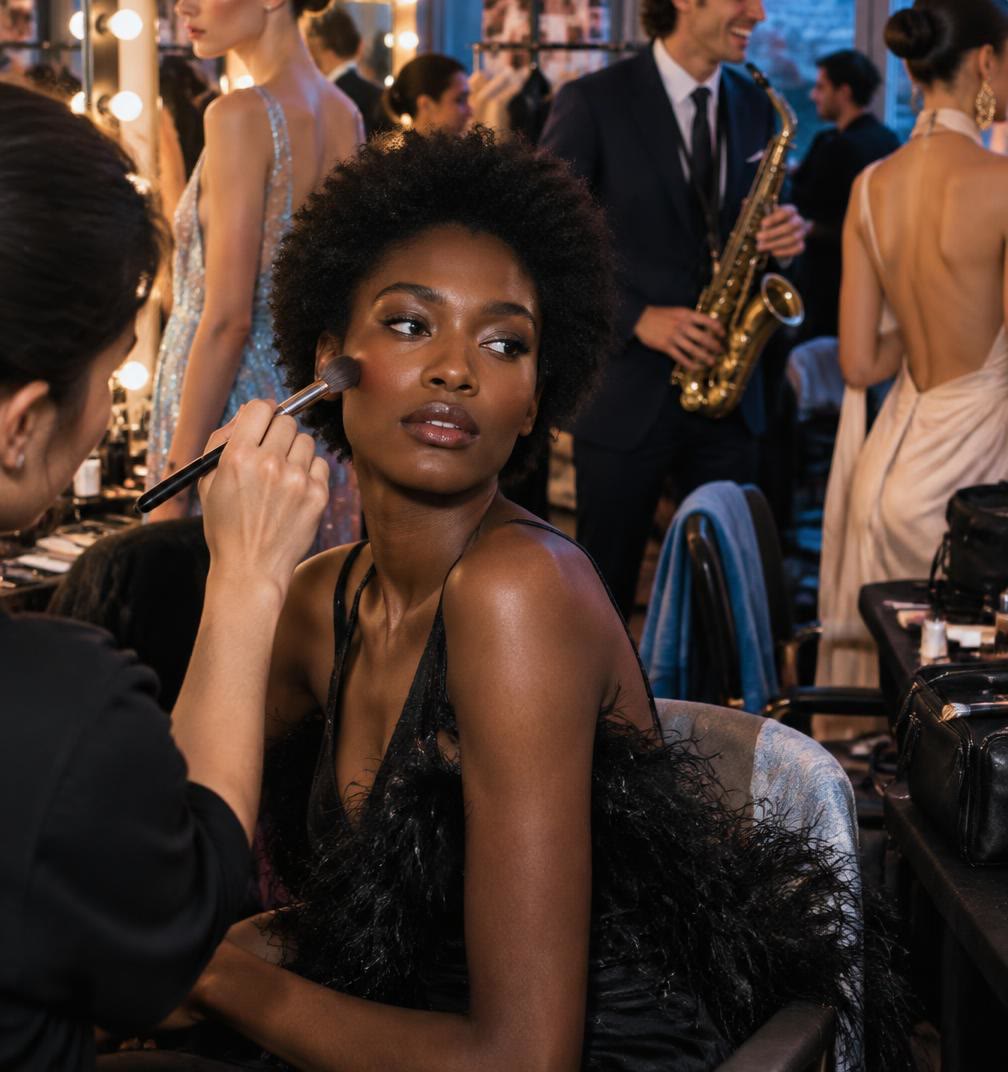 Backstage in Paris: a makeup artist works on a Black model while a musician in a suit plays saxophone among the team